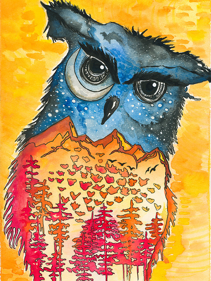Owl with Mountain Scene - Watercolor Print
