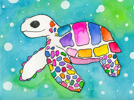 Adorable Rainbow Sea Turtle - Watercolor Print